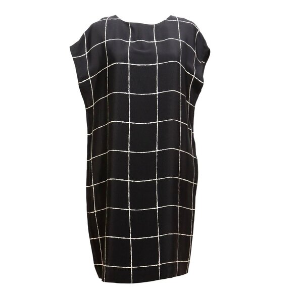 VINCE. Black and White Windowpane 100% Silk Shift Dress with Pockets - Picture 2 of 7